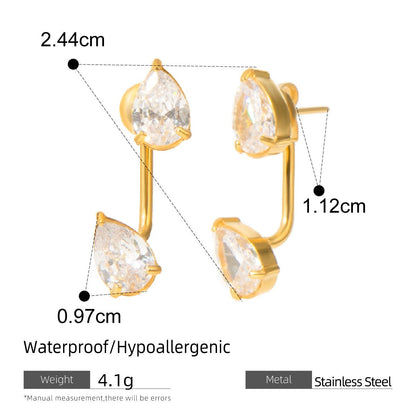 18K Gold Stainless Steel Zircon Water Drop Shape Zircon Left and Right Earrings