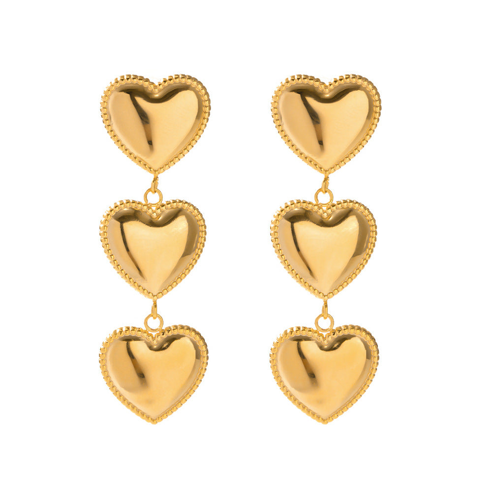 18k Gold Stainless Steel Three-Layer Bezel Set Heart Tassel Earrings