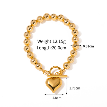 18k Gold Stainless Steel 3D Plump Heart/Pear Shape Bead OT Clasp Bracelet