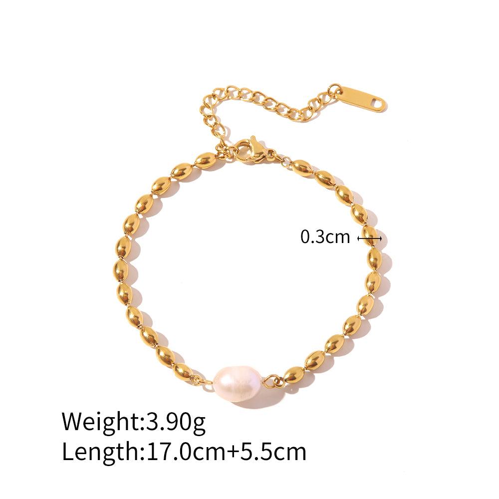 Natural Freshwater Pearl Oval Gold Bead Bracelet