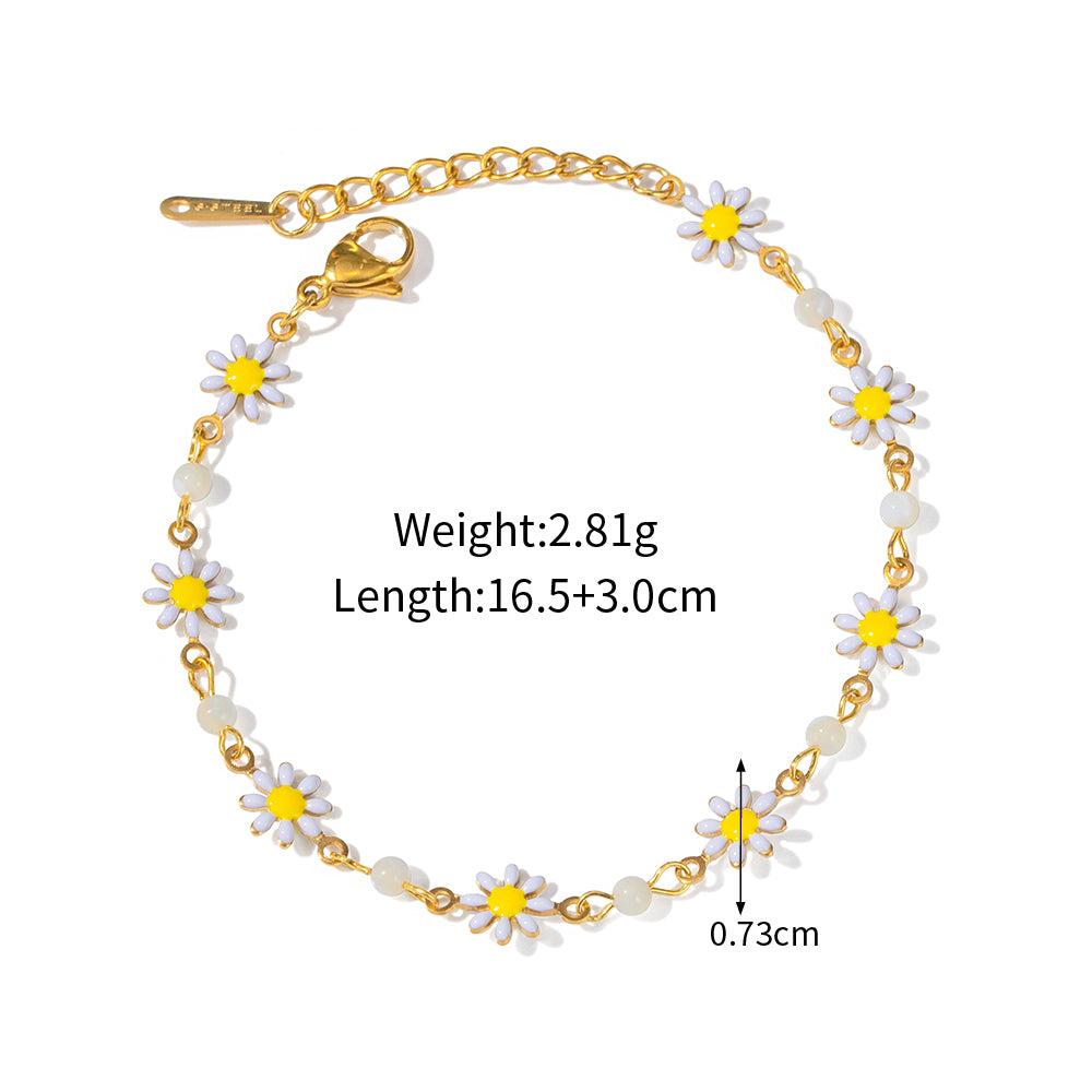 18K Gold Stainless Steel White Enamel & Shell Bead Daisy Bracelet