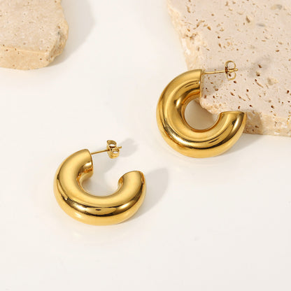 18K Gold Stainless Steel Chunky Hollow Thick C-Shaped Stud Earrings