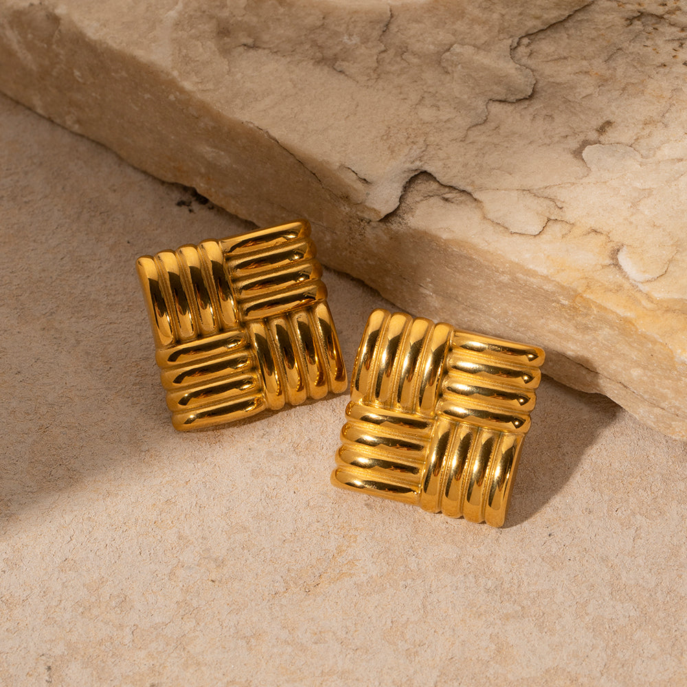 18K Gold Stainless Steel Square Textured Earrings