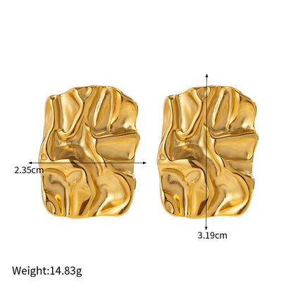 18K Gold Stainless Steel Square Pleated Hammered Earring