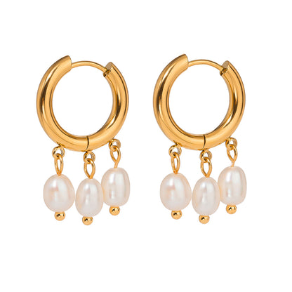 18k Gold Stainless Steel with Freshwater Pearls Hoop Earrings with Three White Freshwater Pearls