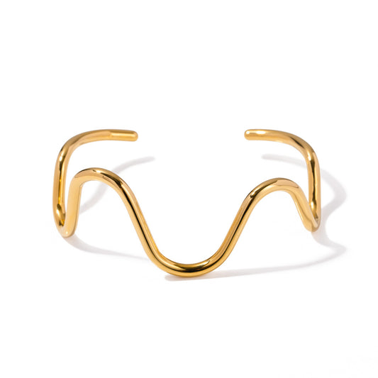 18k Gold Stainless Steel Wave Line Open Cuff Bracelet