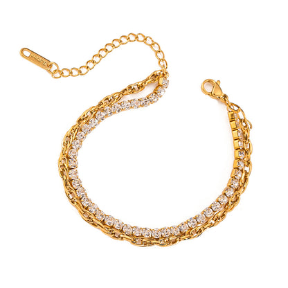 18k Gold Stainless Steel with Zircon White Zircon Prong Set Double-Layer Chain Bracelet 16.5+5cm