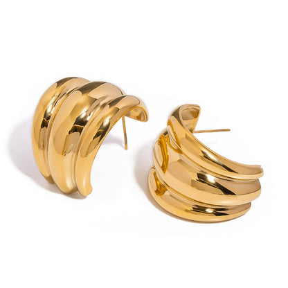 18k Gold Stainless Steel Three-Layer Grooved Polished Earrings