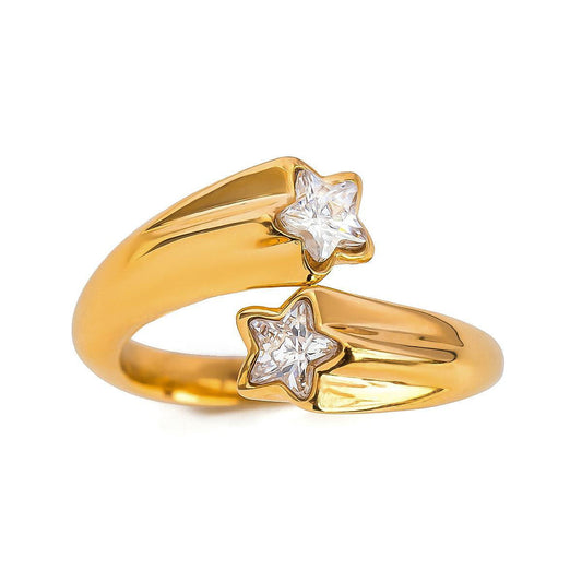 18k Gold Stainless Steel Asymmetric Open Ring with Zircon Star