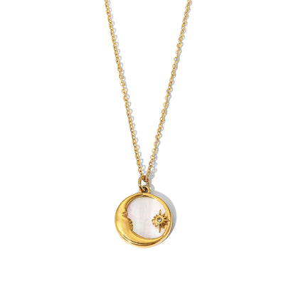 18k Stainless Steel Natural White Mother-of-Pearl Star & Moon Necklace