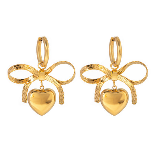 18k Gold Stainless Steel Bow-Knot Earrings with Hanging Polished Heart