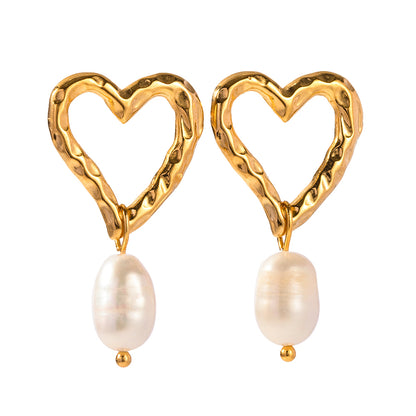 18k Gold Stainless Steel with Pearls Heart & Pearl Pendant Earrings