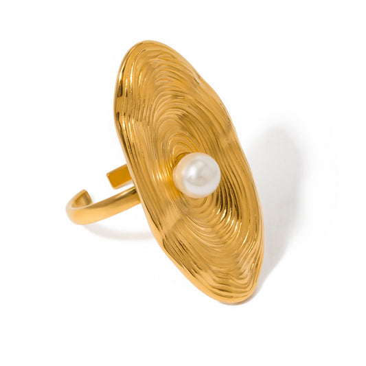 18k Gold Stainless Steel Oval Pearl-Inspired Open Ring