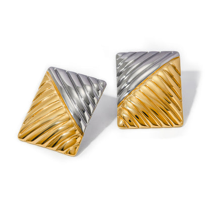 18k Gold Stainless Steel Two-Tone Square Textured Earrings