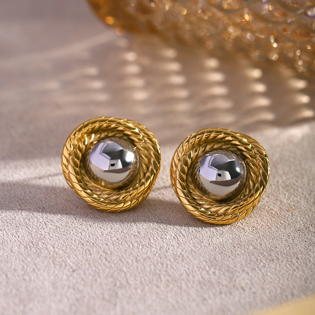 18K Gold Stainless Steel Threaded Texture Circular Earrings