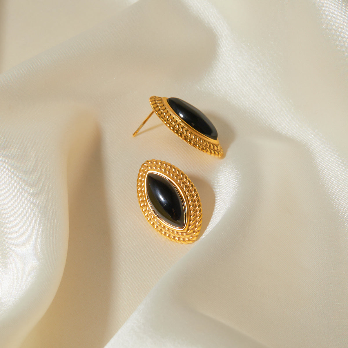 18K Gold Stainless Steel Marquise Black Onyx Earrings