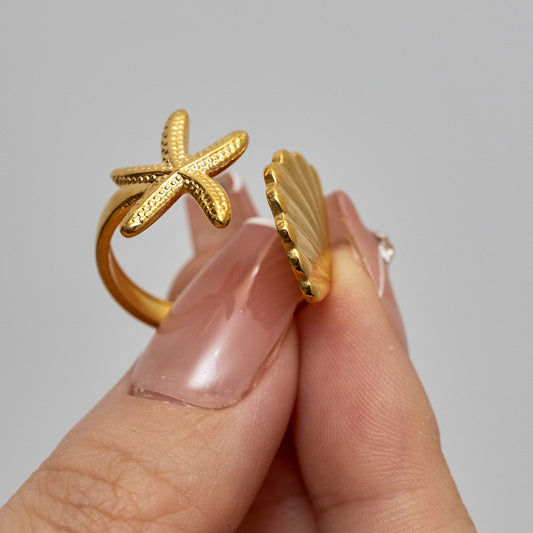 18K Gold Stainless Steel Starfish Shell Ring