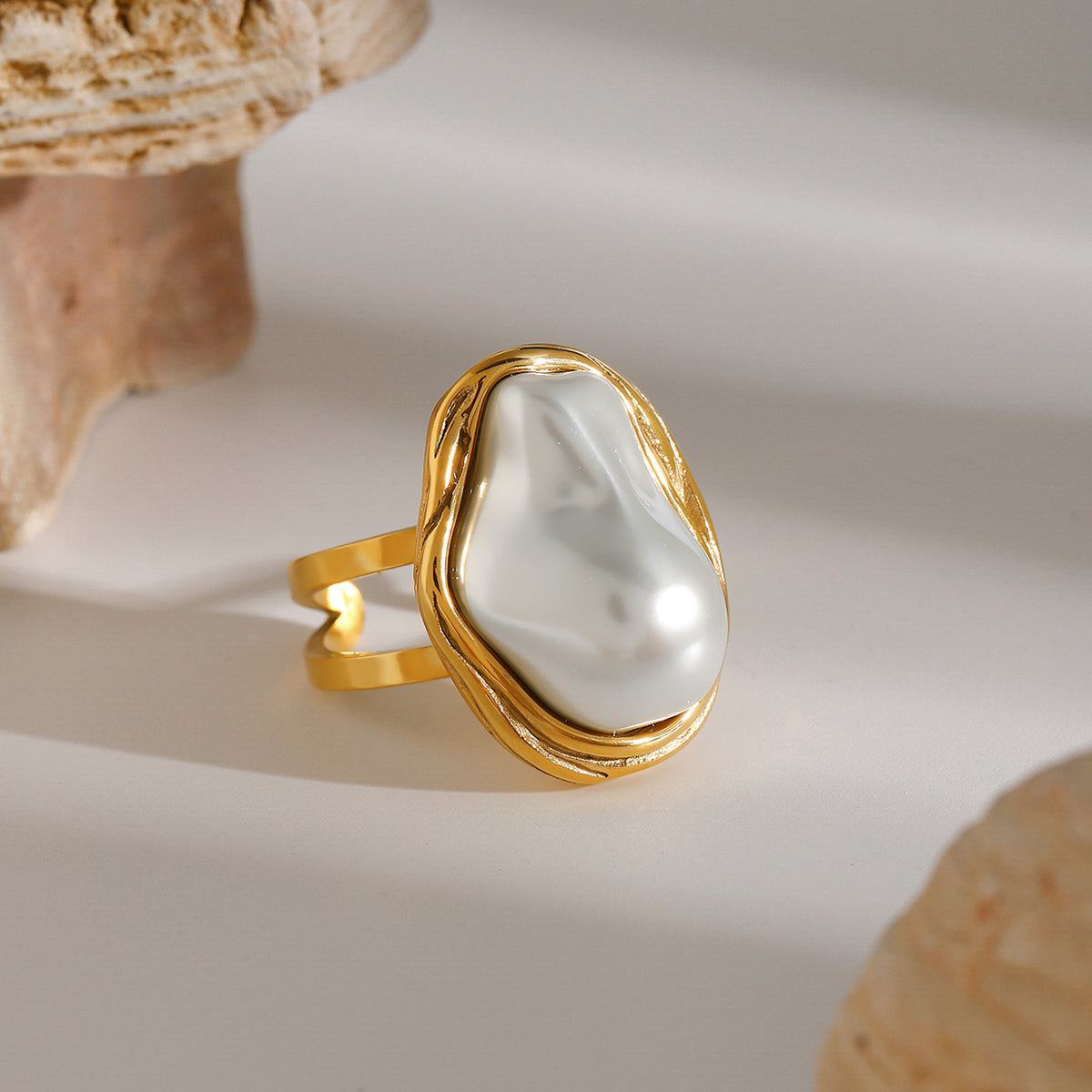 18k Gold Stainless Steel Baroque Pearl Open Ring