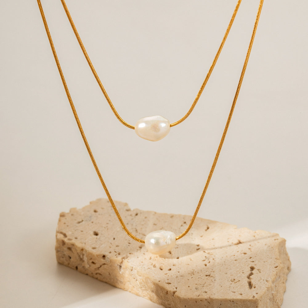 18k Gold Stainless Steel with Freshwater Pearl Double Layer Necklace