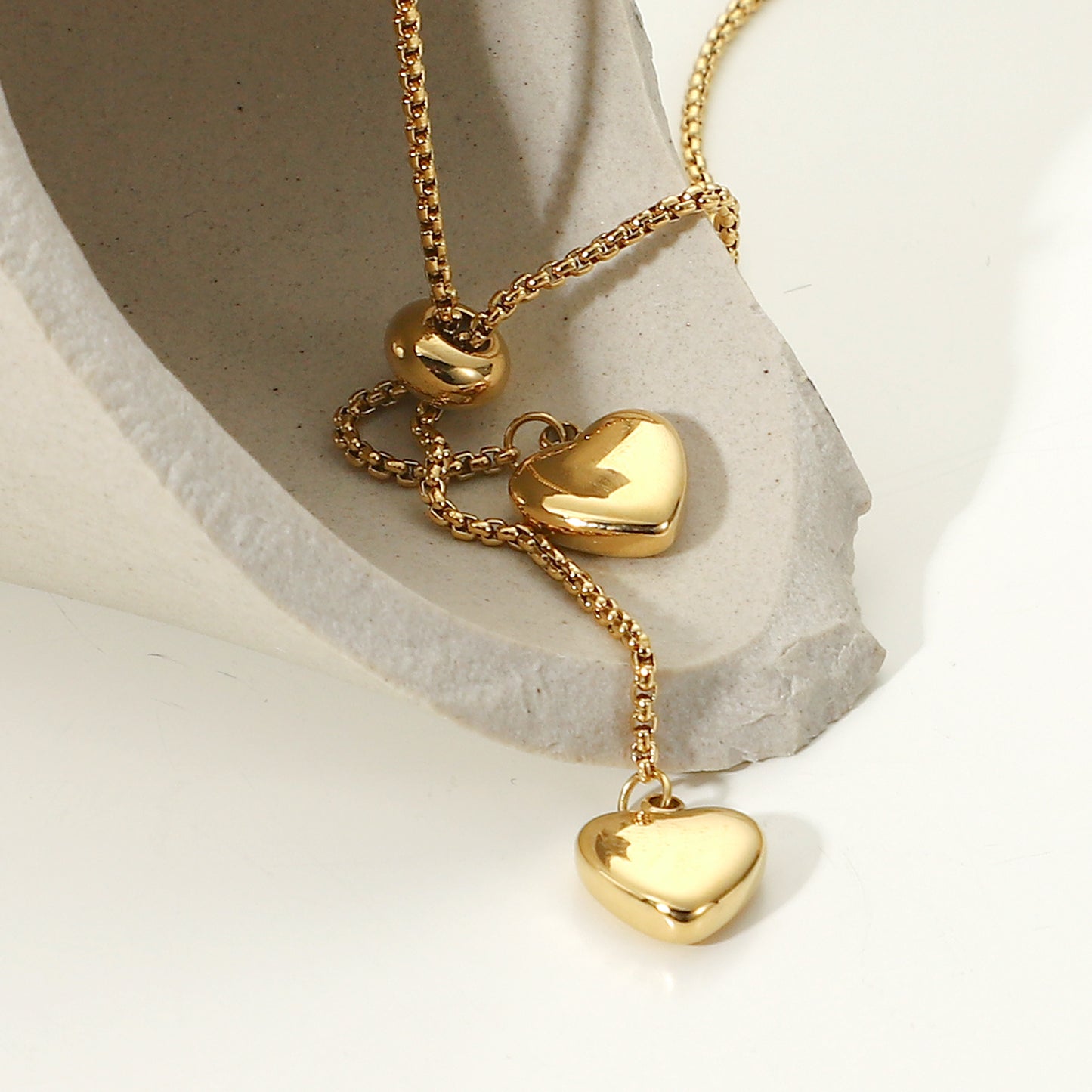 14K Gold Y-Shaped Rope Chain Necklace with Two Heart Pendants