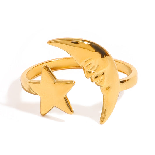 18k Gold Stainless Steel Simple Star and Moon Open Ring