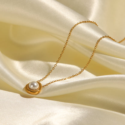 18k Stainless Steel French Vintage Pearl Inlaid Pendant Necklace