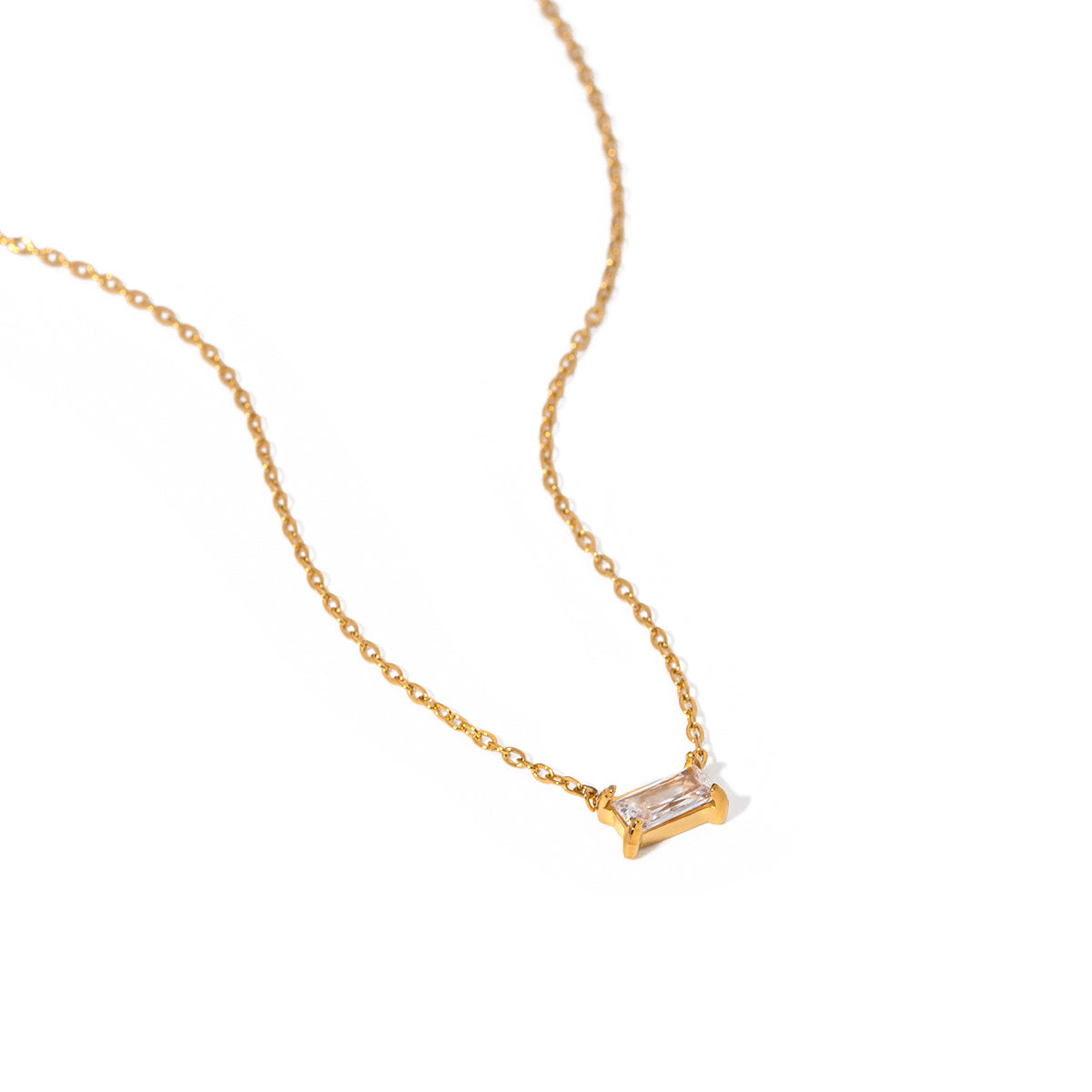 18K Gold Stainless Steel Zircon Rectangular Zircon Pendant Necklace Choker 40+5cm