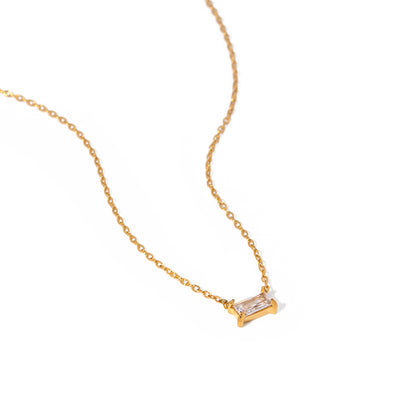 18K Gold Stainless Steel Zircon Rectangular Zircon Pendant Necklace Choker 40+5cm