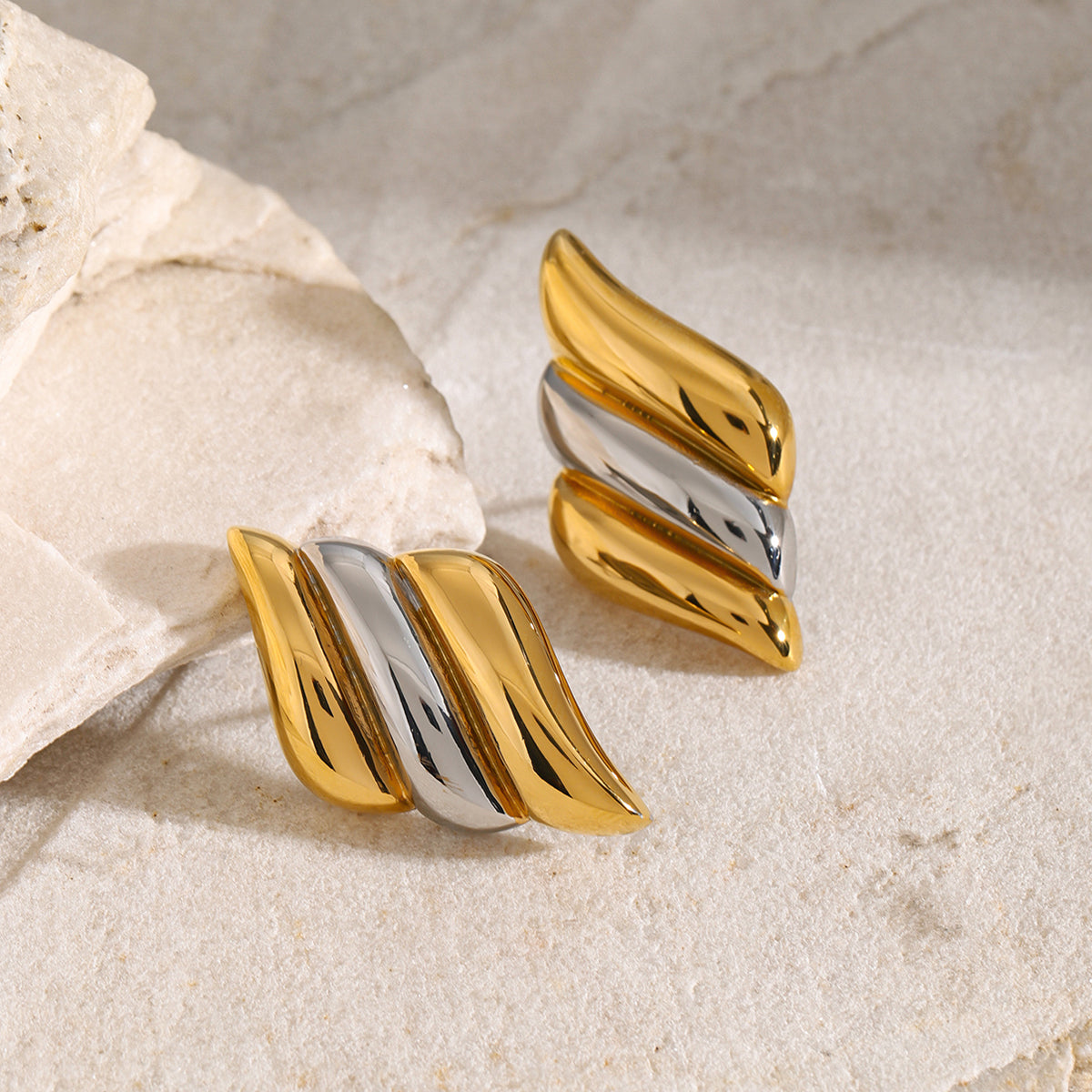 18K Gold Stainless Steel Wing-Shaped Earrings in Dual-Tone Gold and Silver