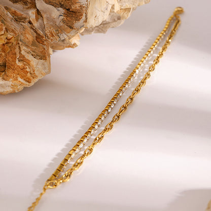 18k Gold Stainless Steel with Zircon White Zircon Prong Set Double-Layer Chain Bracelet 16.5+5cm