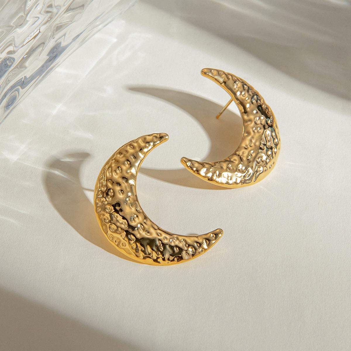 18K Gold Stainless Steel Textured Crescent Earrings (Left and Right)