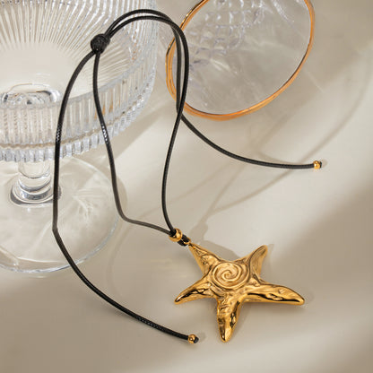 18K Gold Stainless Steel Large Retro Textured Starfish Pendant with Black Wax Rope Necklace 65cm