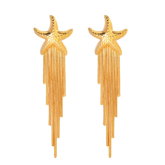 18K Gold Stainless Steel Starfish Tassel Earrings