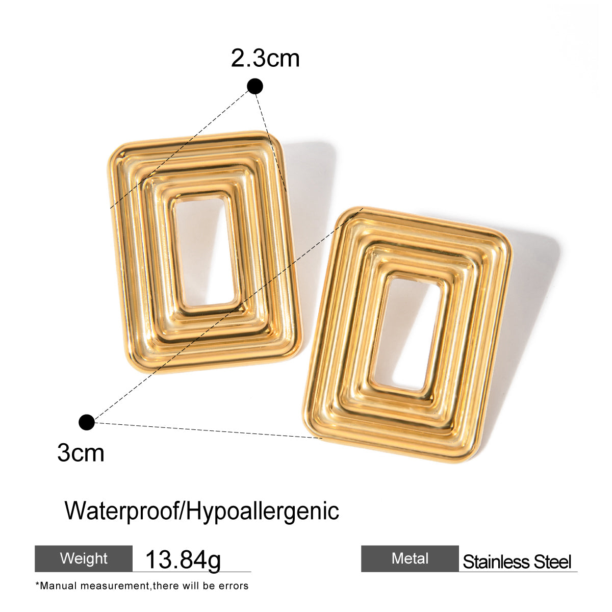 18k Gold Stainless Steel Rectangular Hollow Swirling Pattern Earrings