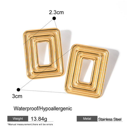 18k Gold Stainless Steel Rectangular Hollow Swirling Pattern Earrings