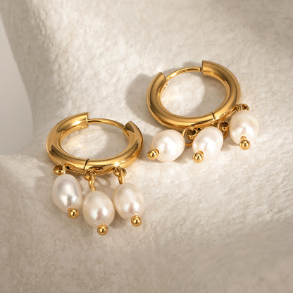 18k Gold Stainless Steel with Freshwater Pearls Hoop Earrings with Three White Freshwater Pearls