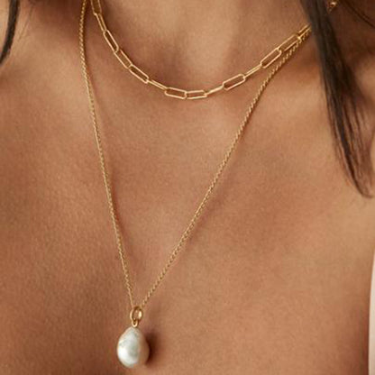 18K Gold Stainless Steel and Pearl Long Paperclip Chain Necklace 40/50+5cm