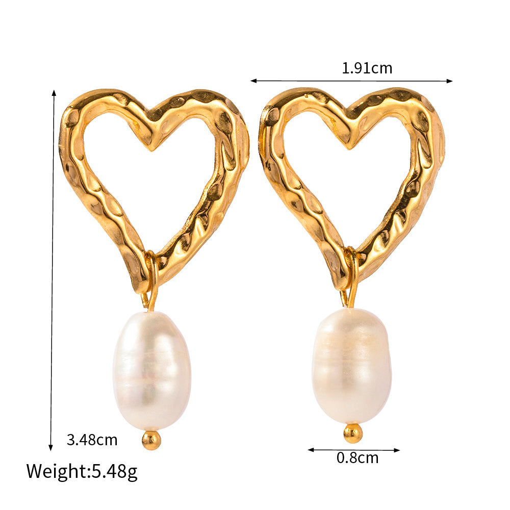 18k Gold Stainless Steel with Pearls Heart & Pearl Pendant Earrings