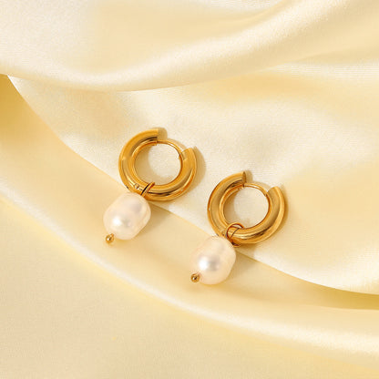 18K Gold Stainless Steel Freshwater Pearl Pendant Hoop Earrings