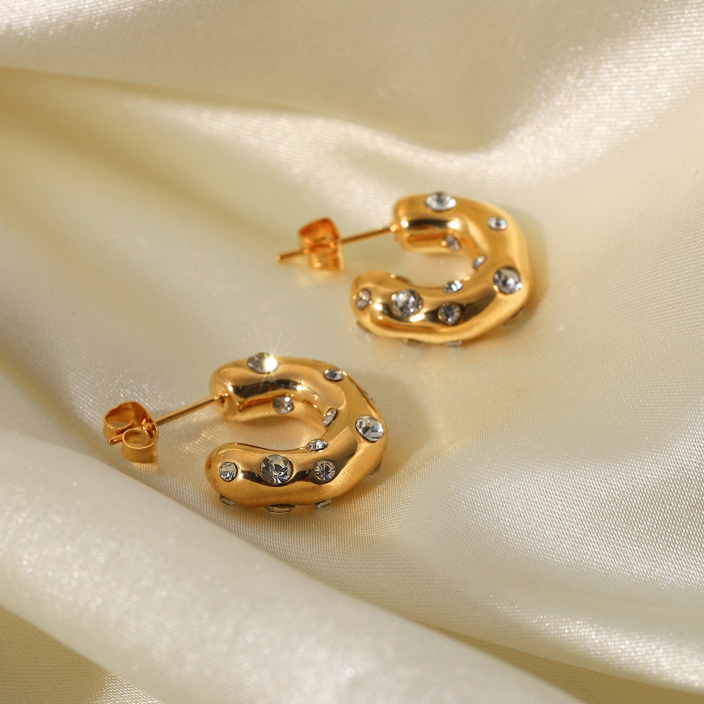 18K Gold Stainless Steel Irregular Hammered Earrings with Cubic Zirconia Inlaid C-shaped Ear Cuffs