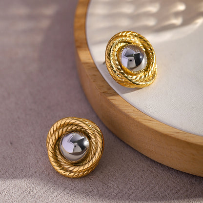 18K Gold Stainless Steel Threaded Texture Circular Earrings