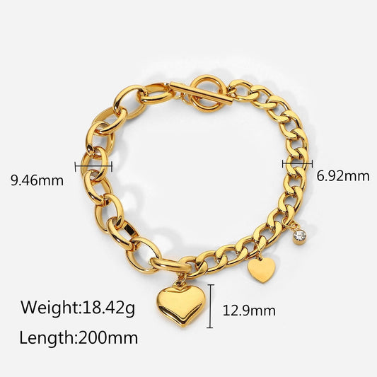 Cuban Link Oval Chain Heart Charm OT Clasp Bracelet with Zircon Pendant