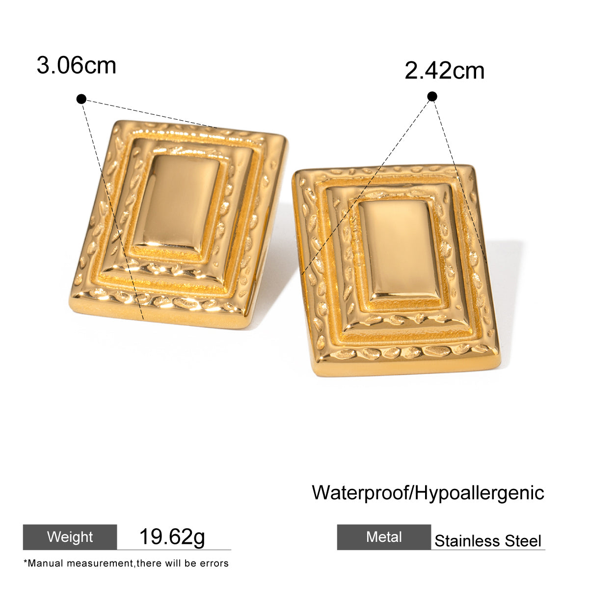 18k Gold Stainless Steel Vintage Rectangular Three-Layer Earrings