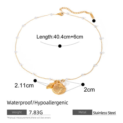 18K Gold Stainless Steel Pearl Chain with Hanging Shel Pearl Pendant Necklace 45+5cm