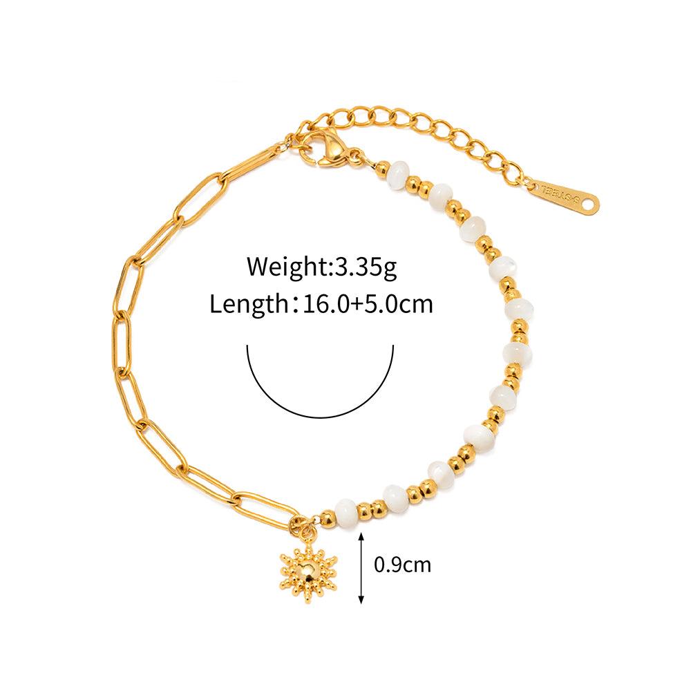 18K Gold Stainless Steel Paperclip Chain & Pearl Bead Sun Pendant Bracelet