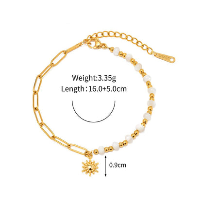 18K Gold Stainless Steel Paperclip Chain & Pearl Bead Sun Pendant Bracelet