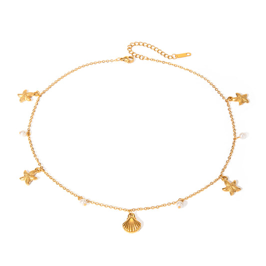 18K Gold Stainless Steel Starfish and Shell Faux Pearl Necklace 38+5cm