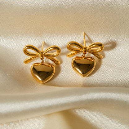 18K Gold Stainless Steel Bow Knot Heart Pendant Earrings