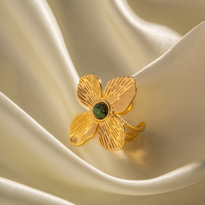 Four-Petal Flower Ring with Inlaid African Turquoise