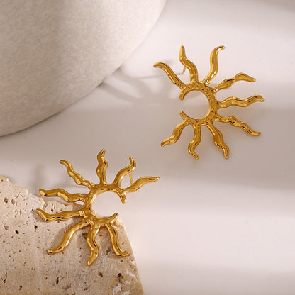 18k Gold Stainless Steel Geometric Half Hollow Sun Earrings